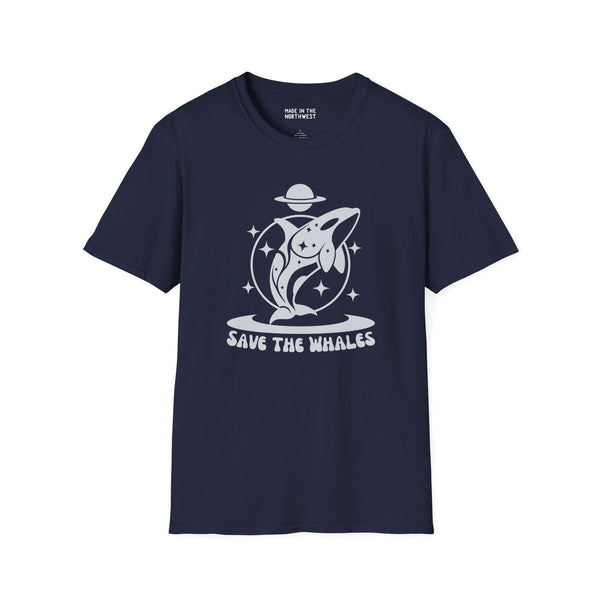 Navy Save the Whales orca softstyle t-shirt with mystical graphic design, promoting marine life conservation.
