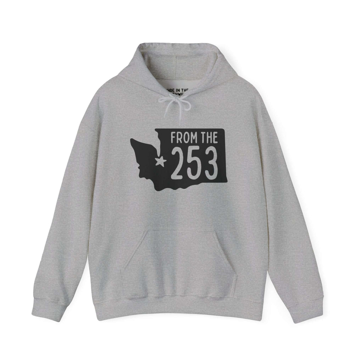 "From the 253 hoodie featuring Washington state silhouette with Tacoma star, perfect for showing local pride and area code spirit."