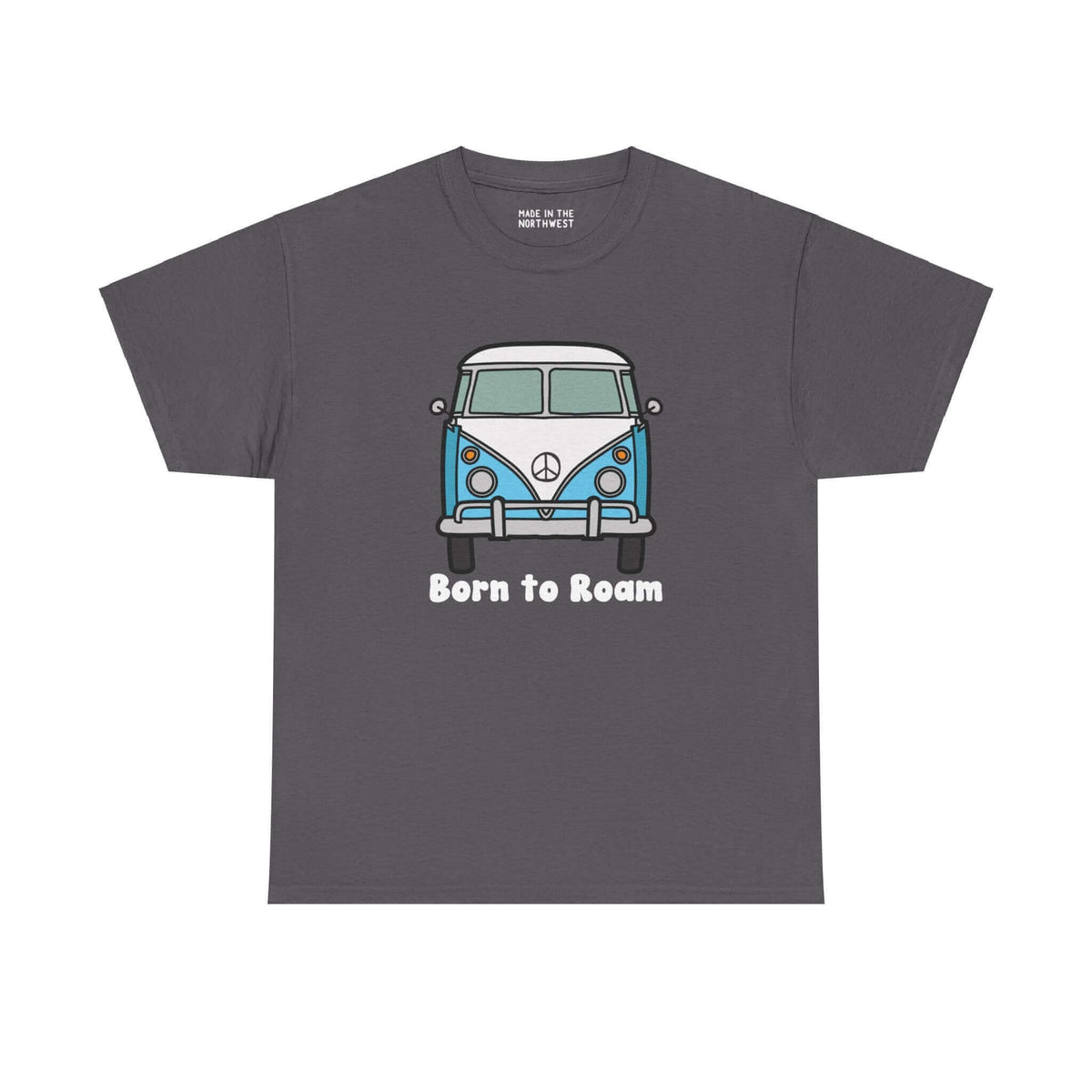 "Born to Roam athletic tee with a vintage vanagon bus design and peace sign, perfect for nomadic lifestyle enthusiasts."