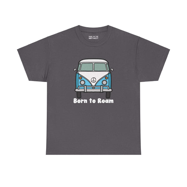 "Born to Roam athletic tee with a vintage vanagon bus design and peace sign, perfect for nomadic lifestyle enthusiasts."