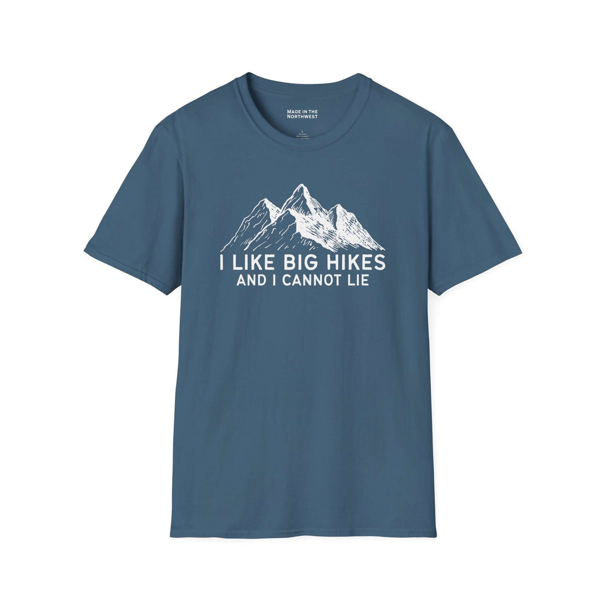 I Like Big Hikes and I Cannot Lie T Shirt featuring mountain graphics on a blue background