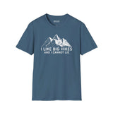 I Like Big Hikes and I Cannot Lie T Shirt featuring mountain graphics on a blue background