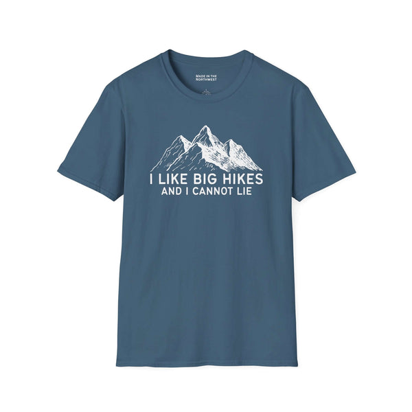I Like Big Hikes and I Cannot Lie T Shirt featuring mountain graphics on a blue background