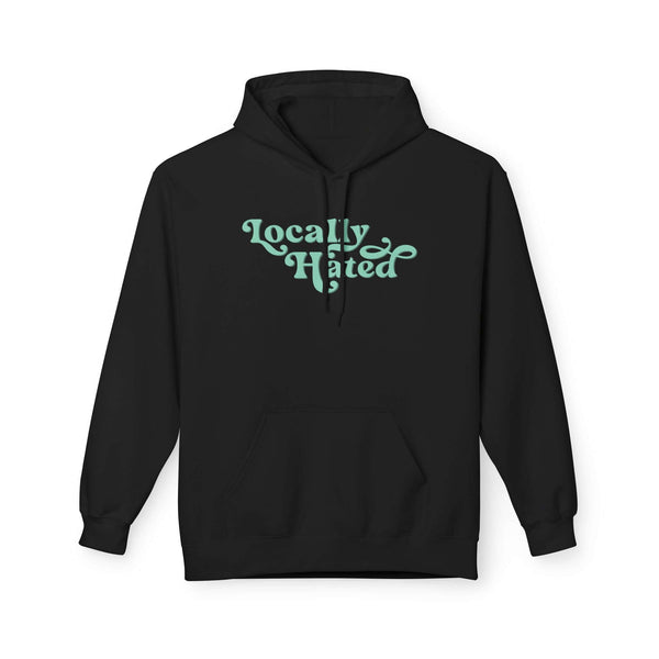 Locally Hated hoodie featuring a cheeky retro script design on a black sweatshirt.