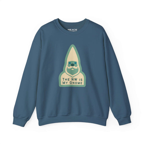 NW Is My Gnome sweatshirt with playful gnome design in blue, perfect for cozy Pacific Northwest style.