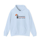 Light blue hoodie with 'Gnomebody Loves Halloween More Than Me' and a skeleton gnome holding Halloween balloons.