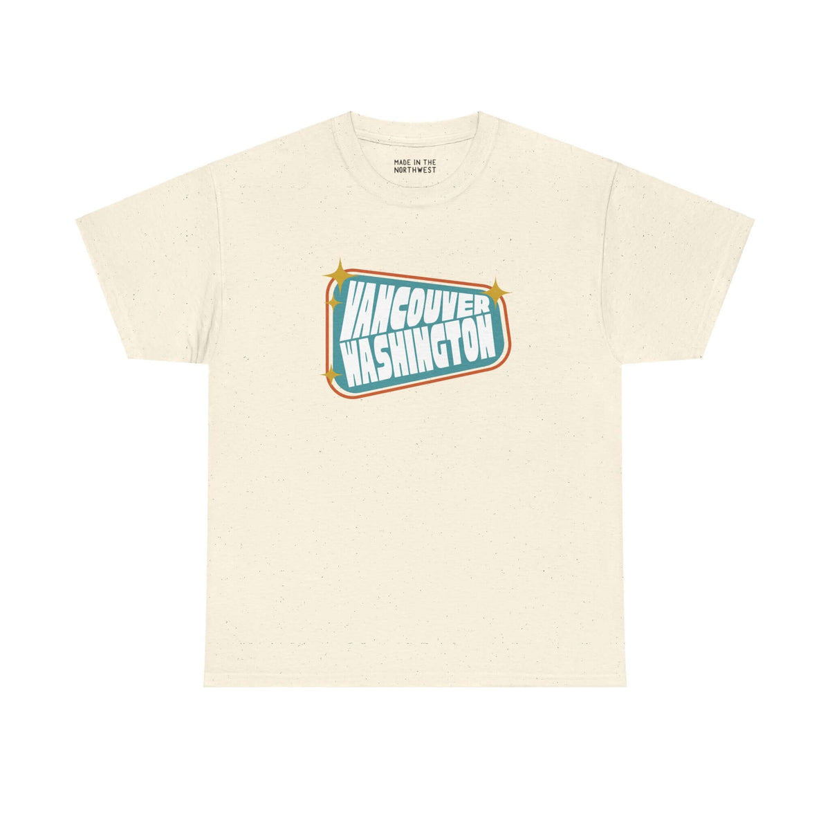 Retro Roadside Vancouver Sign Tee with 50s-inspired design, bold colors, celebrates vintage Vancouver spirit.