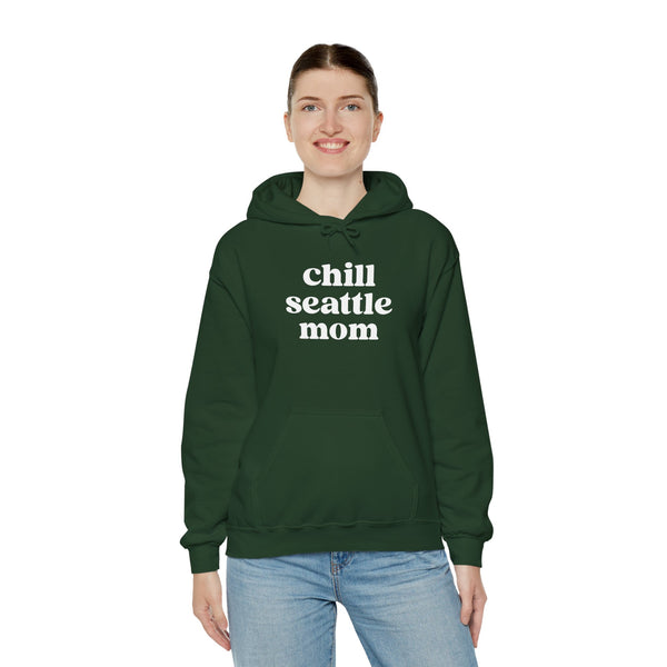 Cozy Seattle mom hoodie in green featuring the text 'chill seattle mom', perfect for casual outings and everyday warmth.