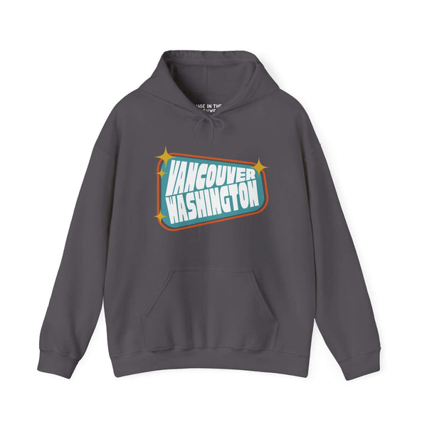 Retro Vancouver Sign Hoodie with 50s-inspired design in bold colors on a dark gray background.