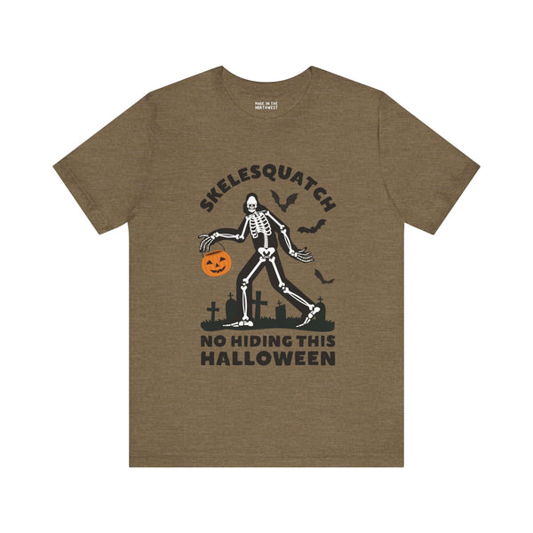 "Skelesquatch Halloween Tee with Skeleton Sasquatch Design and Graveyard Scene"