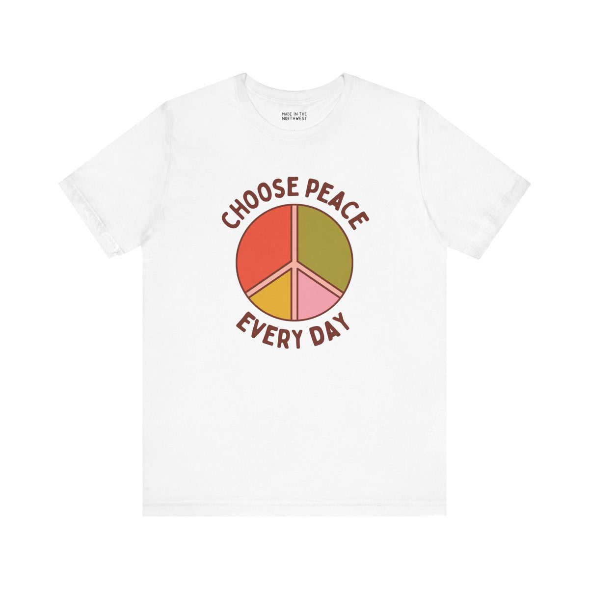 Choose Peace Every Day premium soft tee featuring a colorful peace symbol on a white background.