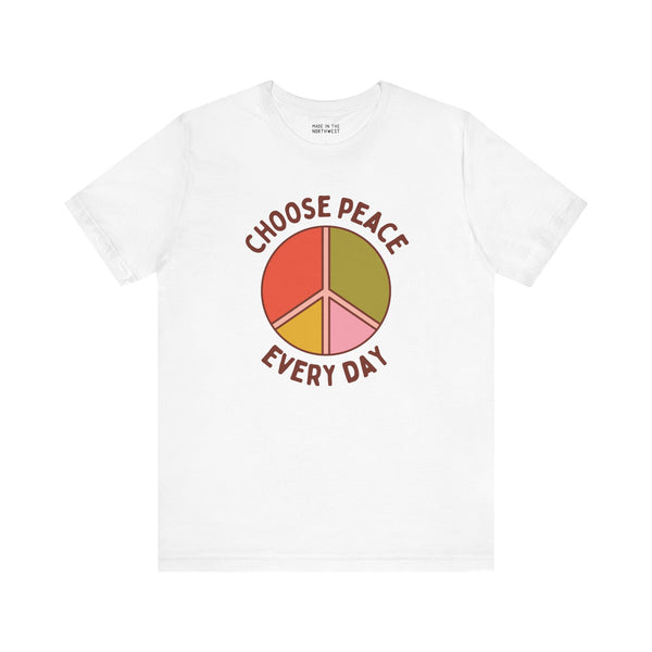 Choose Peace Every Day premium soft tee featuring a colorful peace symbol on a white background.
