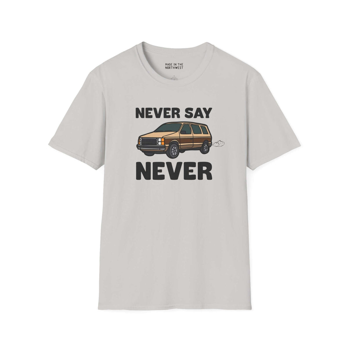 Never Say Never Vintage Van Softstyle T-Shirt featuring a classic Dodge Caravan graphic in a casual style.