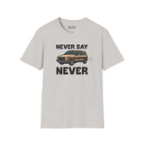 Never Say Never Vintage Van Softstyle T-Shirt featuring a classic Dodge Caravan graphic in a casual style.