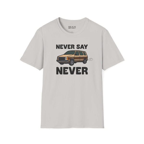 Never Say Never Vintage Van Softstyle T-Shirt featuring a classic Dodge Caravan graphic in a casual style.
