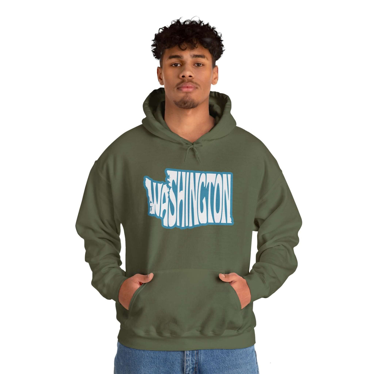 Person wearing a green Washington State of Mind typography hoodie with "Washington" spelled in the state shape.