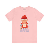 Pink t-shirt featuring a female gnome with text 