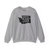 Gray sweatshirt featuring the text 'From the 509' and a silhouette of Washington state marking Spokane.