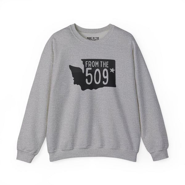 Gray sweatshirt featuring the text 'From the 509' and a silhouette of Washington state marking Spokane.