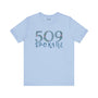 Light blue 509 Spokane floral area code soft tee for women, showcasing Pacific Northwest pride and nature-inspired elegance.