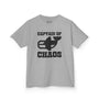 Captain of Chaos kids tee featuring a bold orca design on a gray cotton shirt for energetic little ones.