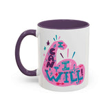 I Can I Will Mug featuring a vibrant hand-lettered design in pink and teal on glossy white ceramic.