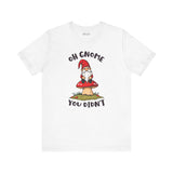 Oh Gnome You Didn't T Shirt featuring a whimsical gnome on a red-capped mushroom, perfect for casual wear.