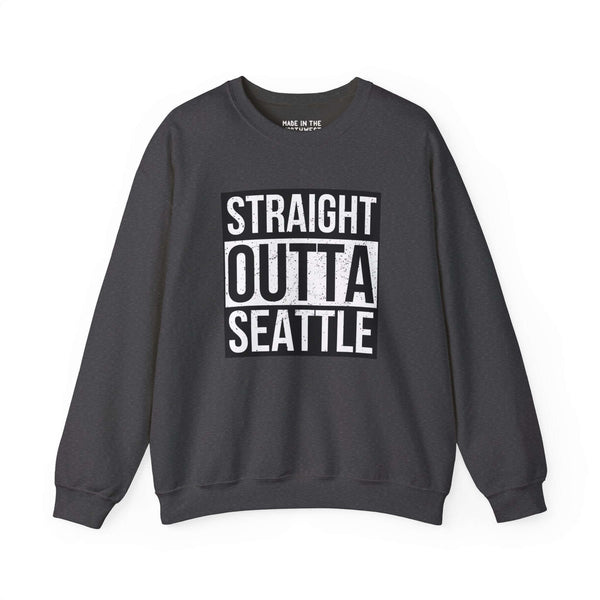 "Straight Outta Seattle sweatshirt in black with bold white text, perfect for city pride and streetwear style."