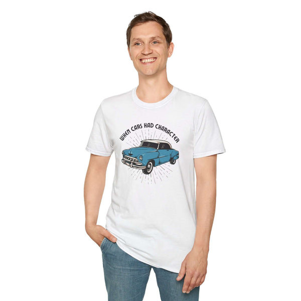 Person wearing the When Cars Had Character softstyle t-shirt featuring a vintage 52 Chevy Deluxe Coupe design.