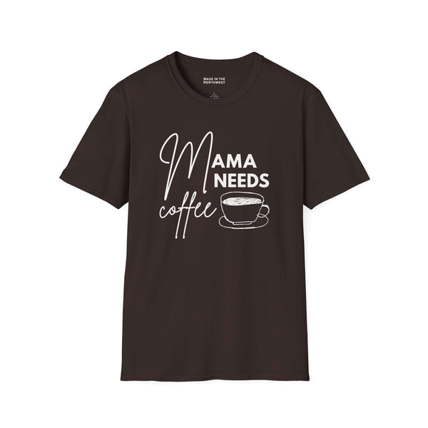 Mama Needs Coffee T Shirt featuring a hand-drawn coffee cup and playful lettering on a black tee.