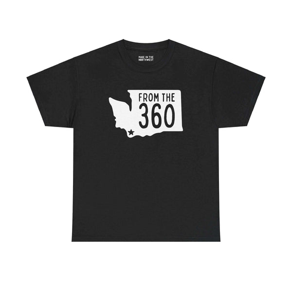 Black "From the 360" tee with Washington state silhouette and Vancouver star, showcasing local pride and area code.