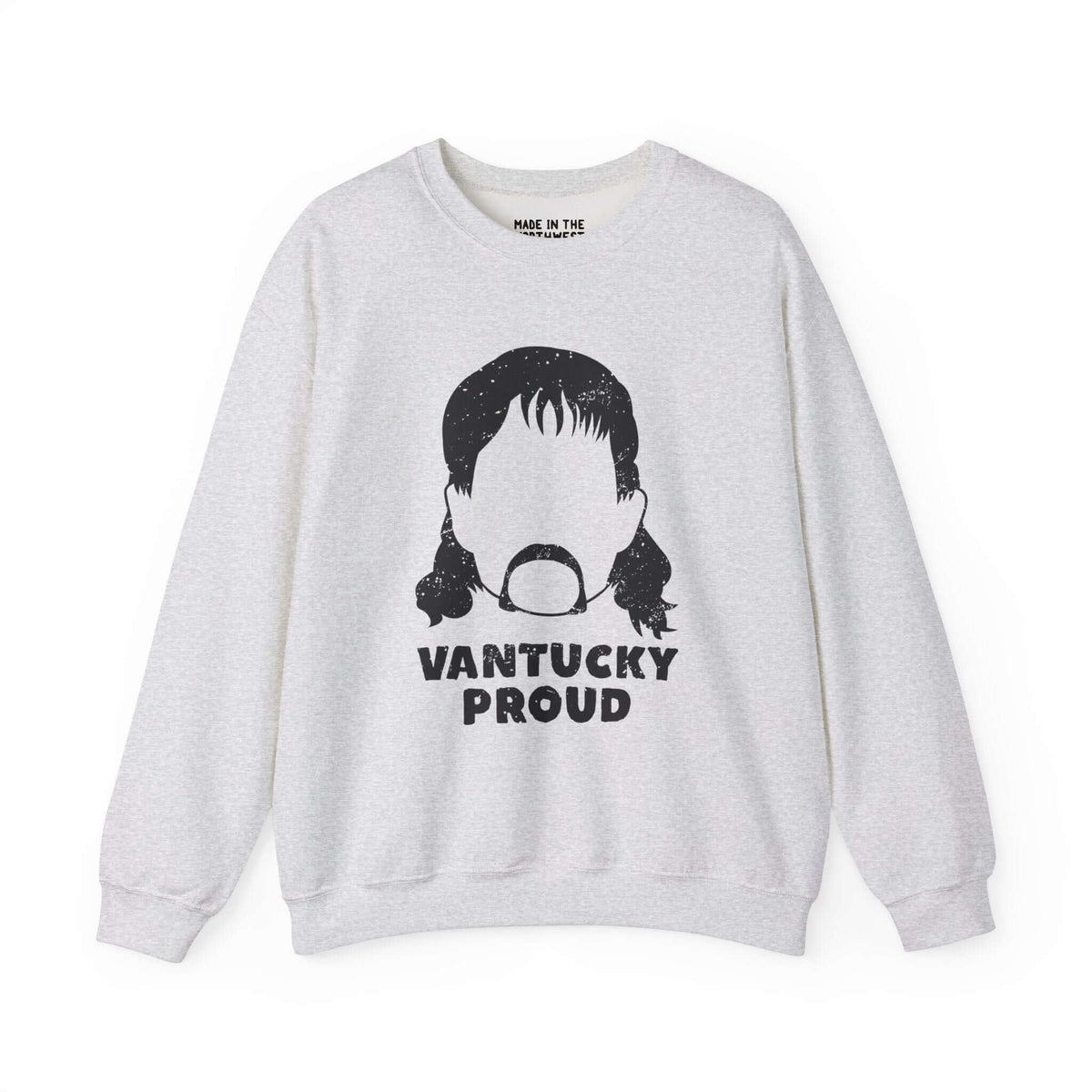 Vantucky Proud sweatshirt featuring Rusty McCoy graphic, symbolizing Vantucky's resilient spirit and hardworking character.