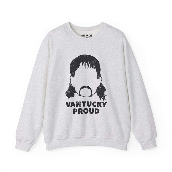 Vantucky Proud sweatshirt featuring Rusty McCoy graphic, symbolizing Vantucky's resilient spirit and hardworking character.