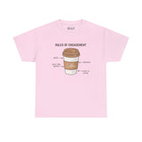 Pink athletic tee with coffee cup graphic labeled 