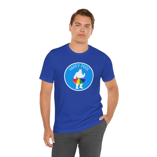 Man wearing a blue tee with a Bigfoot silhouette and 'Happy Pride' text, celebrating Pride month.