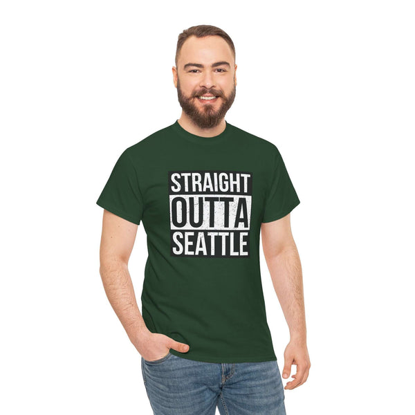 Man wearing green "Straight Outta Seattle" athletic tee showcasing city pride in a streetwear style.