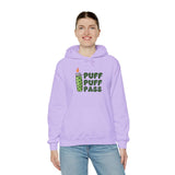 Purple Puff Puff Pass hooded sweatshirt featuring a lighter and cannabis leaf design.