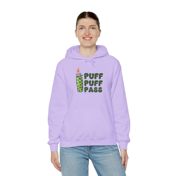 Purple Puff Puff Pass hooded sweatshirt featuring a lighter and cannabis leaf design.
