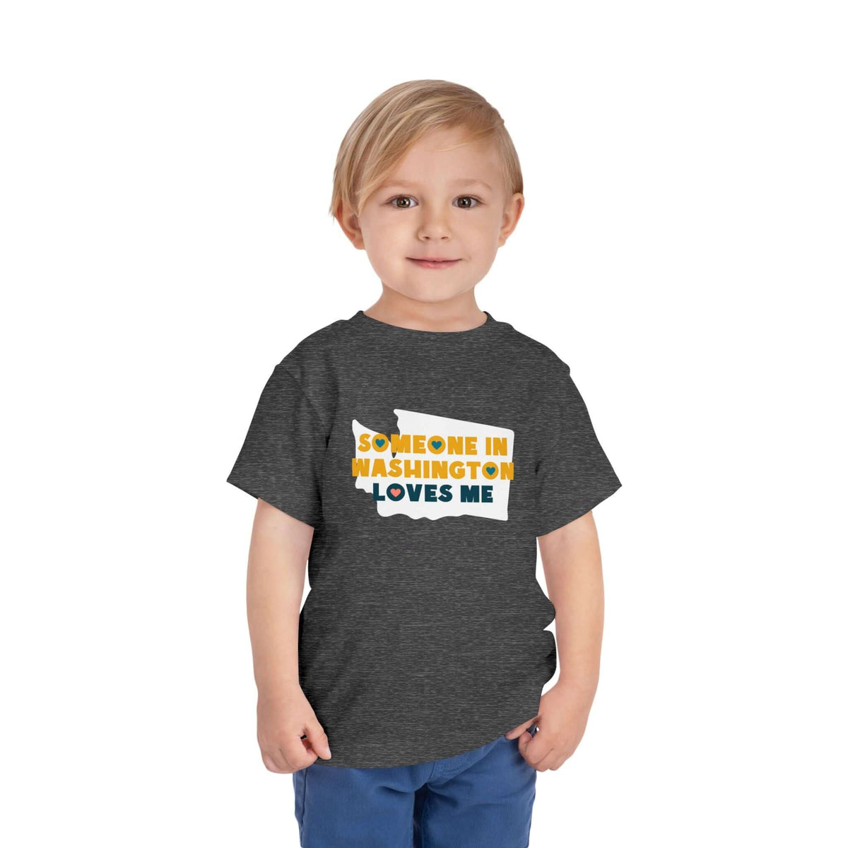 Toddler wearing Someone in Washington Loves Me Premium Soft Toddler Tee, showcasing love for Washington.