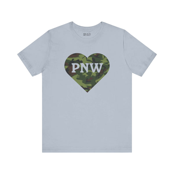 Camouflage PNW Heart Soft Tee showing Pacific Northwest pride with a camo heart design on a light grey background.