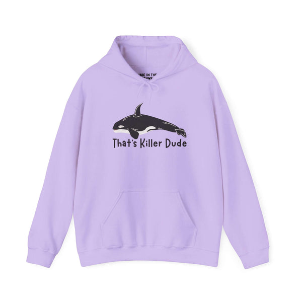 That's Killer Dude Orca hoodie in lavender color, featuring killer whale design. Perfect for marine life lovers.