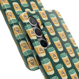 East Meets Roast phone case featuring a pattern of Asian-inspired to-go coffee cups, perfect for coffee lovers.