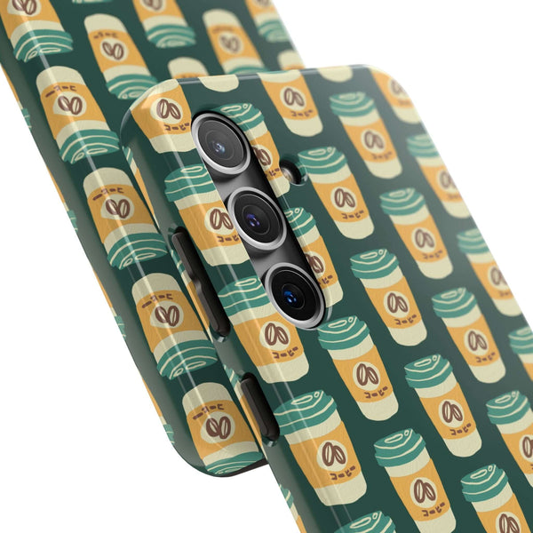 East Meets Roast phone case featuring a pattern of Asian-inspired to-go coffee cups, perfect for coffee lovers.