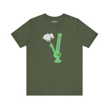 Premium soft tee featuring a green bong graphic and marijuana leaf, embodying the laid-back cannabis culture.