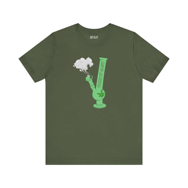 Premium soft tee featuring a green bong graphic and marijuana leaf, embodying the laid-back cannabis culture.