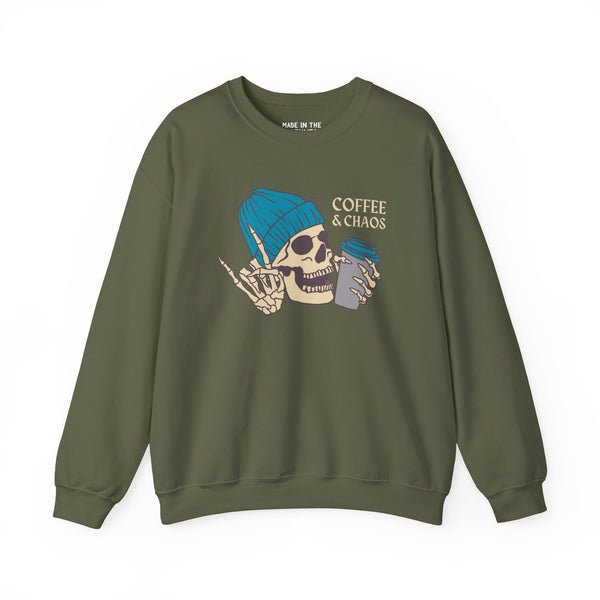 Coffee & Chaos skeleton sweatshirt in olive green, perfect for coffee lovers with a rebellious spirit.