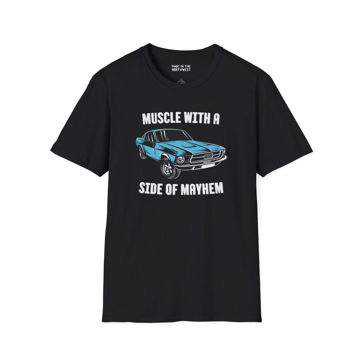 Black softstyle t-shirt featuring a blue 1967 Ford Mustang GT with the text 'Muscle with a Side of Mayhem'