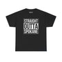 Black athletic tee featuring the text 'Straight Outta Spokane' in bold white letters, showcasing local pride.