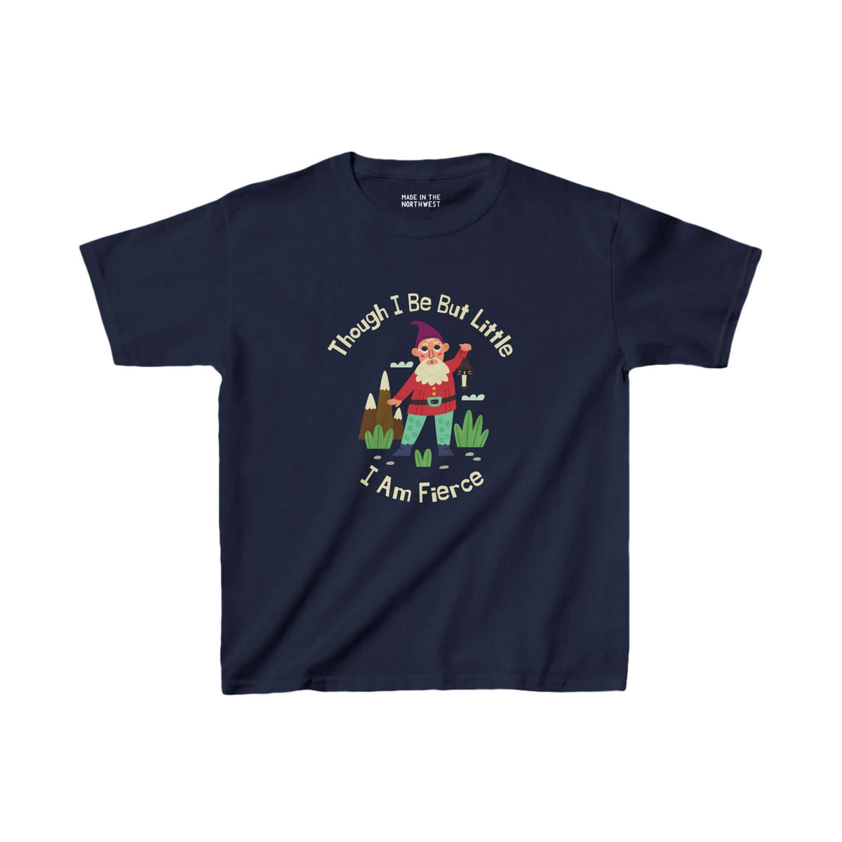 Navy kids' tee featuring a colorful gnome and the phrase "Though I Be But Little, I Am Fierce" from A Midsummer Night's Dream.