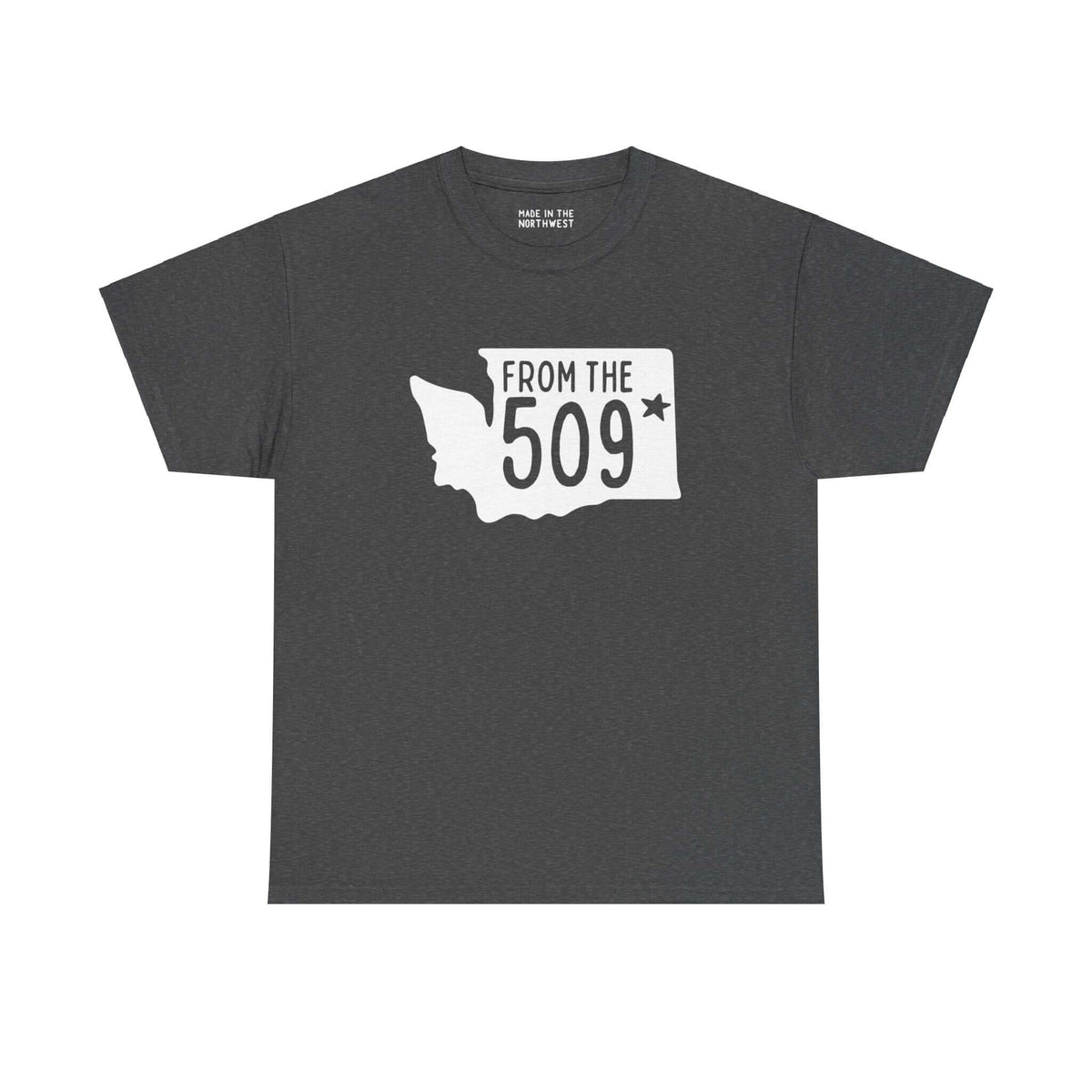 "From the 509 Athletic Tee with Washington state silhouette and Spokane star in bold text"